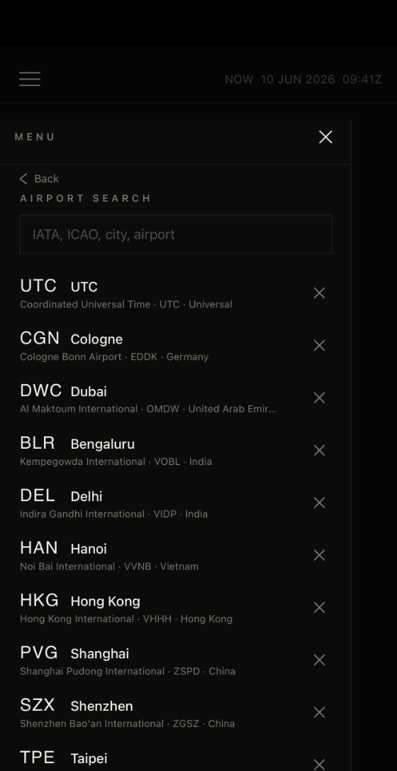 TimeConv airport search by IATA, ICAO, city, or airport name