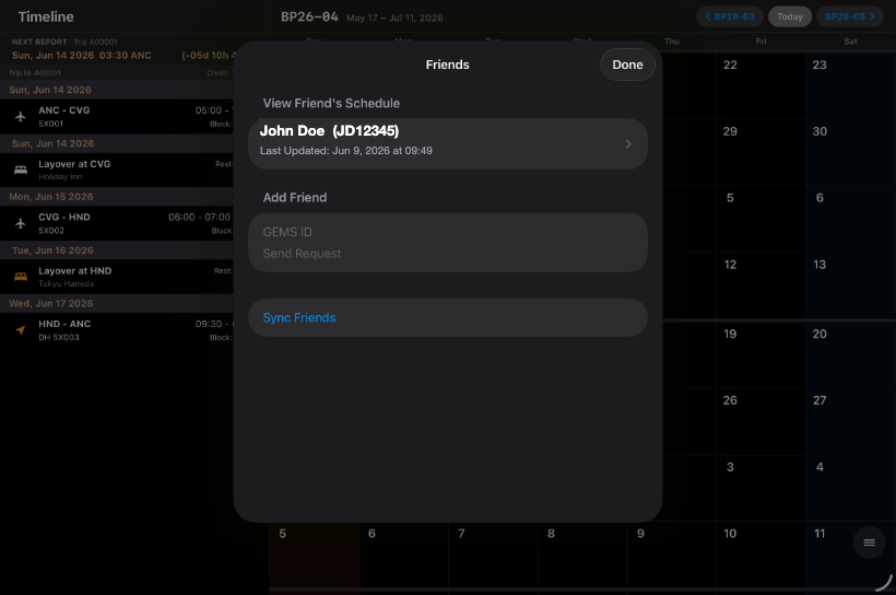 Friends panel on iPad: add a friend by GEMS ID and sync