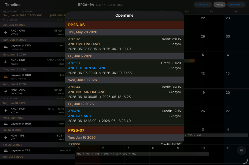 OpenTime on iPad listing available trips with credit hours and routes
